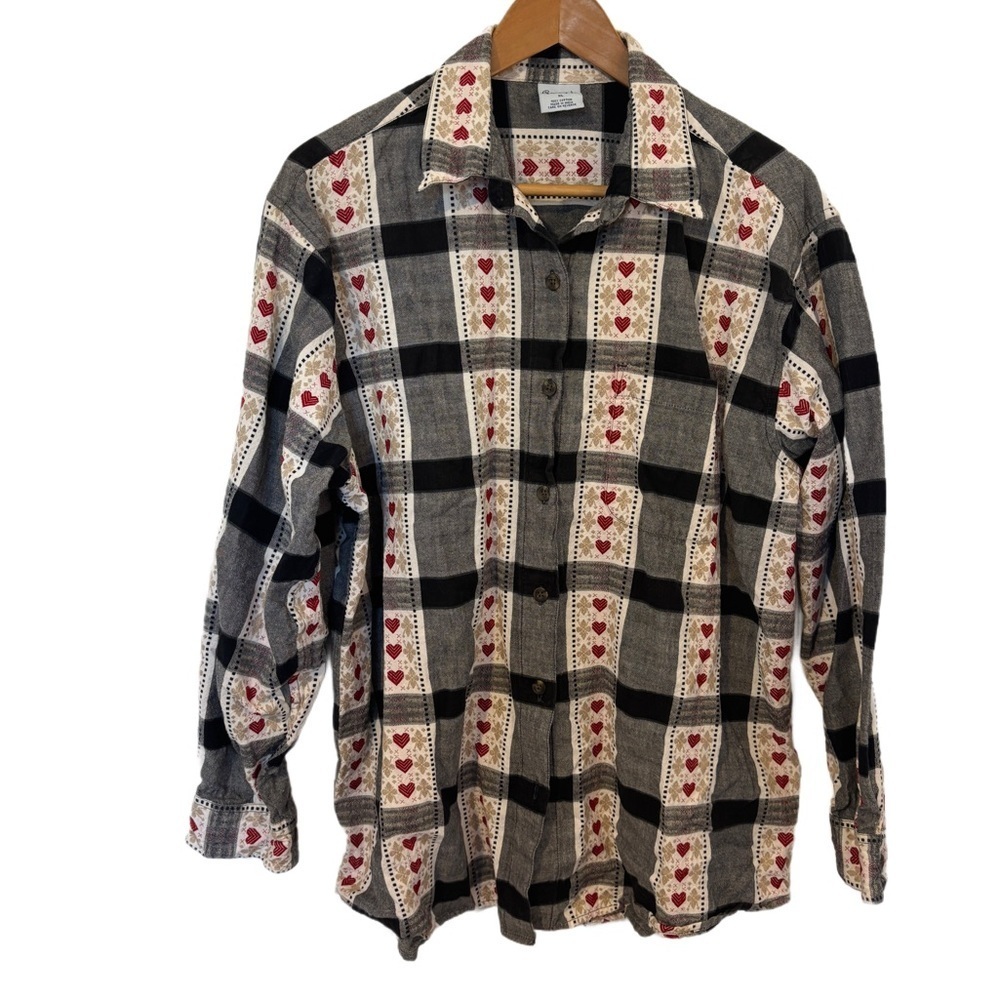 Womens XL Cascade Blue's‎ Long Sleeve Gray Red Hearts Plaid Button Up Shirt